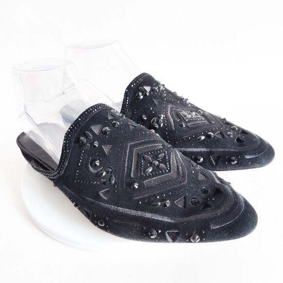 Sole Society Leather Beaded Black Slip-on Flat Pointy Toe Mules Size 8M Art Deco - Picture 1 of 10